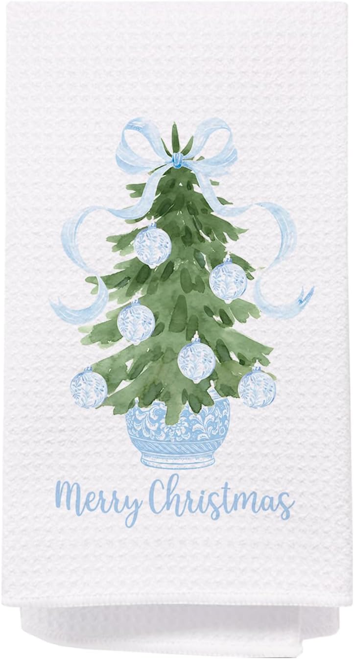 SPBL&L Light Blue Chinoiserie Christmas Kitchen Towels, Light Blue Bow Christmas Hand Towels for Bathroom, Chinoiserie Decor,Merry Christmas Dish Towels, Christmas Kitchen Bathroom Decor, 16x24 Inch - Image 1